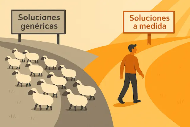 Agencia digital en Lanzarote que crea soluciones web a medida para destacar frente a la competencia. Ilustración de dos caminos que simbolizan la elección entre soluciones genéricas y soluciones a medida, creada para una agencia digital en Lanzarote