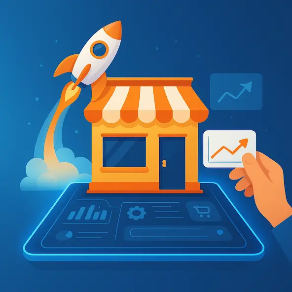 Impulsa tu negocio digital con soluciones tecnológicas personalizadas Ilustración de una tienda digital despegando como un cohete desde una plataforma tecnológica, simbolizando el crecimiento de negocios online