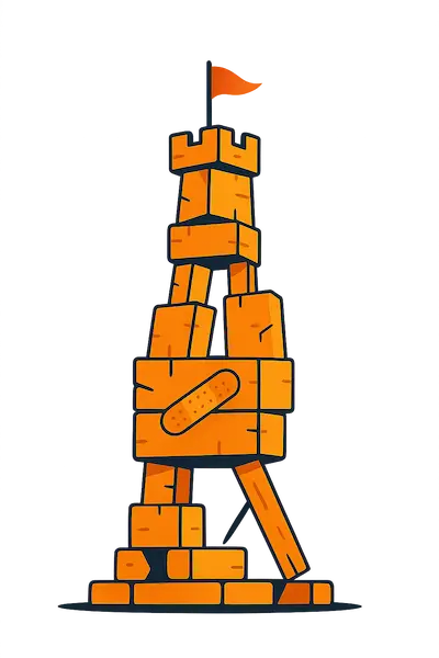 Ilustración de un castillo construido con bloques irregulares y parches, representando la fragilidad de una solución digital basada en chapuzas