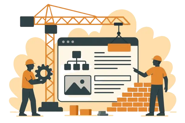 Ilustración de arquitectura web representada como una construcción con grúa, obreros y página en desarrollo