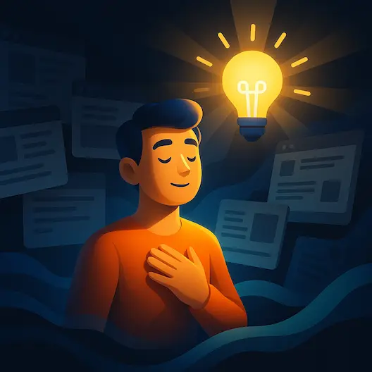 Representación visual del punto de inflexión: cuando entiendes que tu web debe trabajar por ti, no solo parecer bonita. Persona encontrando claridad en medio del caos digital, iluminado por una bombilla que simboliza un despertar estratégico.