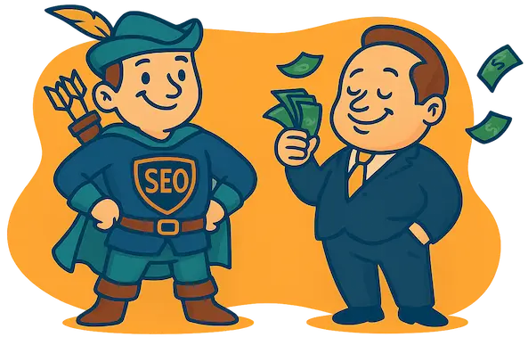 Ilustración comparativa entre estrategia SEO representada por Robin Hood y la publicidad de pago representada por un empresario con billetes