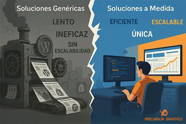 Soluciones genéricas vs soluciones a medida — Elige eficiencia, escalabilidad y exclusividad con Precursor Sináptico Comparativa visual entre soluciones genéricas y soluciones a medida: a la izquierda, una fábrica gris e ineficiente con WordPress; a la derecha, un desarrollador trabajando en una solución escalable, eficiente y única con gráficos de crecimiento