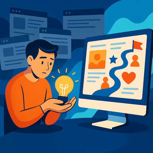 No necesitas otra web. Necesitas una historia que convenza Ilustración de una idea emergiendo como historia visual que guía al usuario