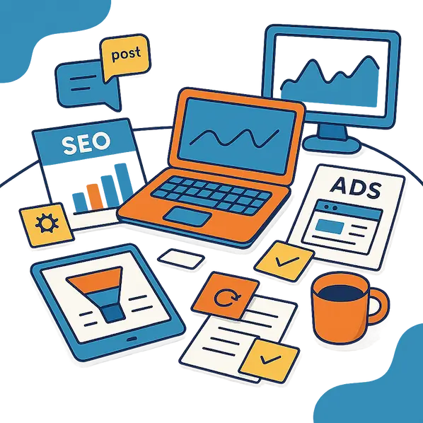 Escritorio desordenado con múltiples herramientas de marketing