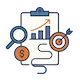 Estudio de mercado y análisis estratégico para tu tienda online Ilustración de un análisis de mercado con gráfico ascendente, lupa y diana, representando la búsqueda de oportunidades en ecommerce