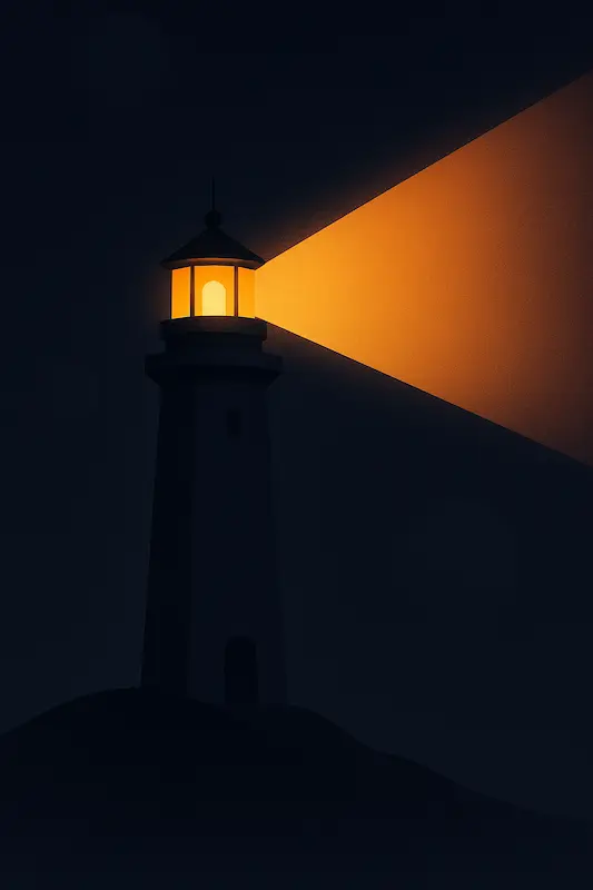 Faro iluminando el camino: enfoque y estrategia digital en Lanzarote Ilustración minimalista de un faro con luz cálida guiando en la oscuridad, simbolizando el enfoque y la estrategia digital de una agencia en Lanzarote