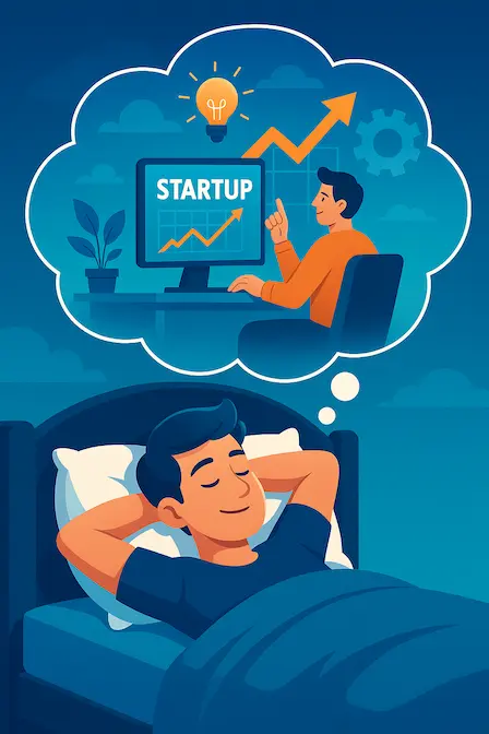 Todo comienza con una chispa: el sueño de crear una startup que lo cambie todo Persona soñando en la cama con lanzar una startup innovadora, simbolizando el inicio de una idea transformadora