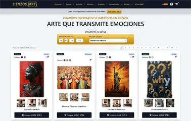 Proyecto Lienzos.art — Tienda online de arte personalizada por Precursor Sináptico Captura de pantalla del eCommerce Lienzos.art, tienda online de cuadros decorativos impresos en lienzo, diseñada a medida por Precursor Sináptico.