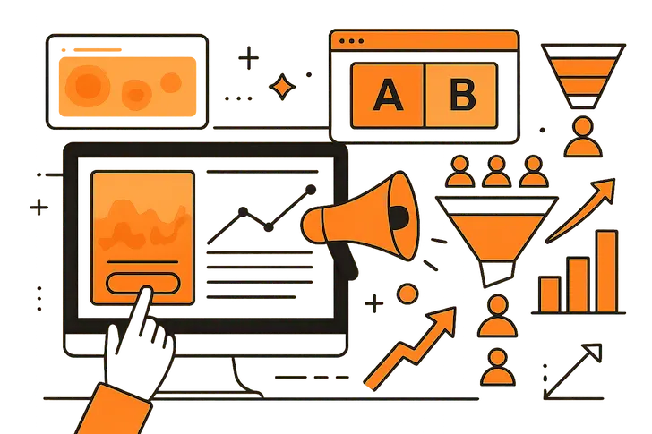 Ilustración simbólica de CRO (Optimización de Conversión) con gráficos, pruebas A/B y embudos de conversión