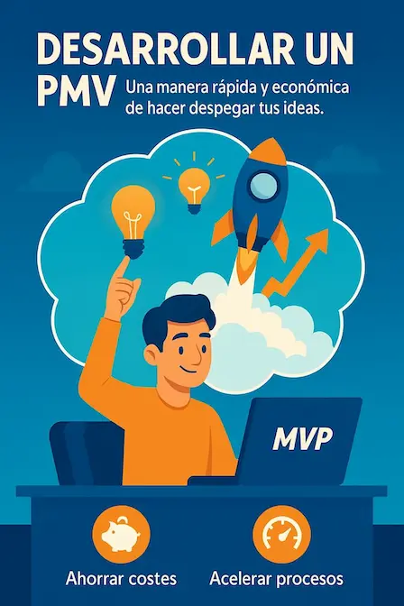 Lanzar tu idea con un PMV validado Ilustración de un emprendedor lanzando un Producto Mínimo Viable