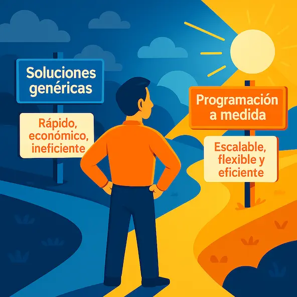 Ilustración que simboliza los dos caminos del desarrollo digital: soluciones genéricas vs programación a medida