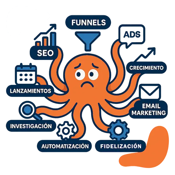 Laberinto de estrategias de marketing con camino hacia el enfoque - Agencia Marketing en Lanzarote Ilustración de un laberinto con carteles de SEO, Ads, Funnels, Growth y Retargeting, y una persona buscando el camino hacia el enfoque, representando la claridad estratégica en marketing digital