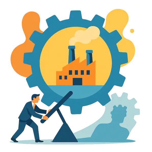 Ilustración estilizada de la revolución industrial con una fábrica dentro de un engranaje y un hombre activando una palanca