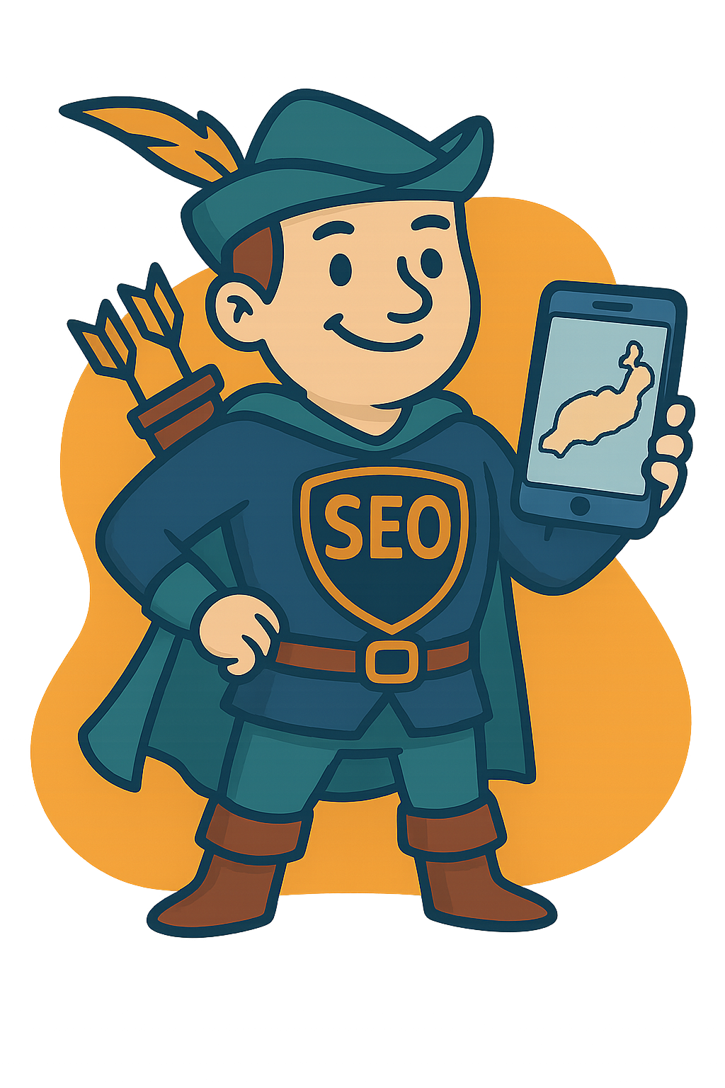 Ilustración de estilo cartoon de un personaje tipo Robin Hood con un escudo que dice :SEO, mostrando un móvil con un mapa de Lanzarote en la pantalla.