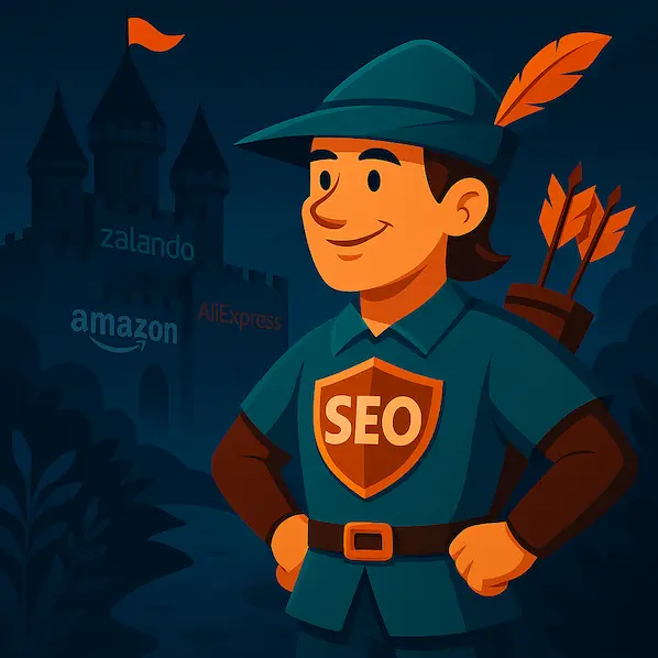 Ilustración metafórica de SEO en Lanzarote: un pequeño negocio enfrentando a gigantes como Amazon con inteligencia estratégica
