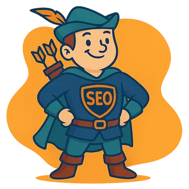 Ilustración de personaje estilo Robin Hood con escudo SEO en el pecho, símbolo de estrategia digital inteligente