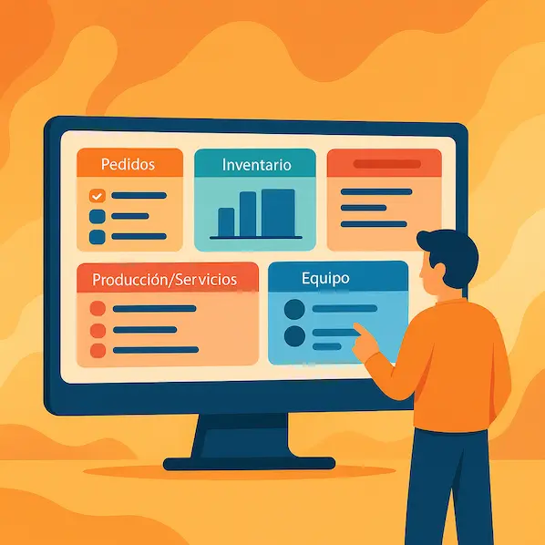 Software de gestión a medida en Lanzarote para centralizar tu negocio Ilustración de un panel central de software de gestión con pedidos, stock, facturas y equipo sincronizados