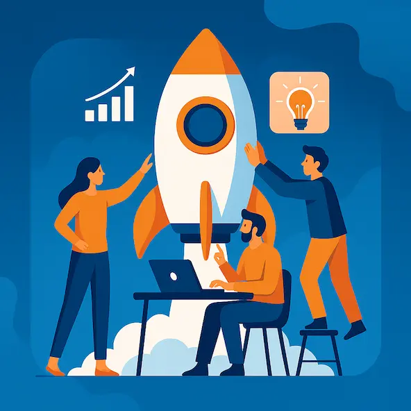 Desarrollo de Startups en Lanzarote Ilustración de equipo lanzando una startup con enfoque tecnológico y ágil