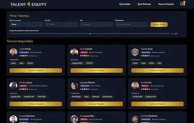Proyecto Talent 4 Equity — Startup desarrollada por Precursor Sináptico Captura de pantalla de la Startup Talent 4 Equity, Plataforma diseñada para conectar desarrolladores e influencers que desean crear negocios digitales sin necesidad de inversión inicial