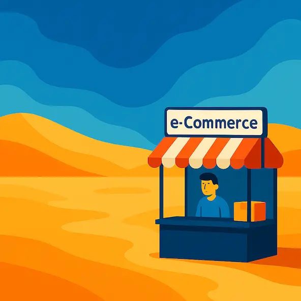 Una tienda online sin visibilidad es como vender en el desierto: nadie pasa por ahí Ilustración de una tienda online solitaria en medio de un desierto, representando la falta de visibilidad digital